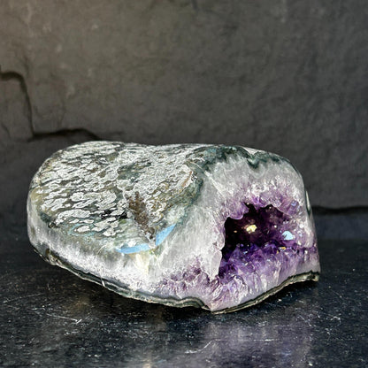 The largest Amethyst Geode Centerpiece, Extra Large decor piece, Outstanding Purple crystal with green agate details
