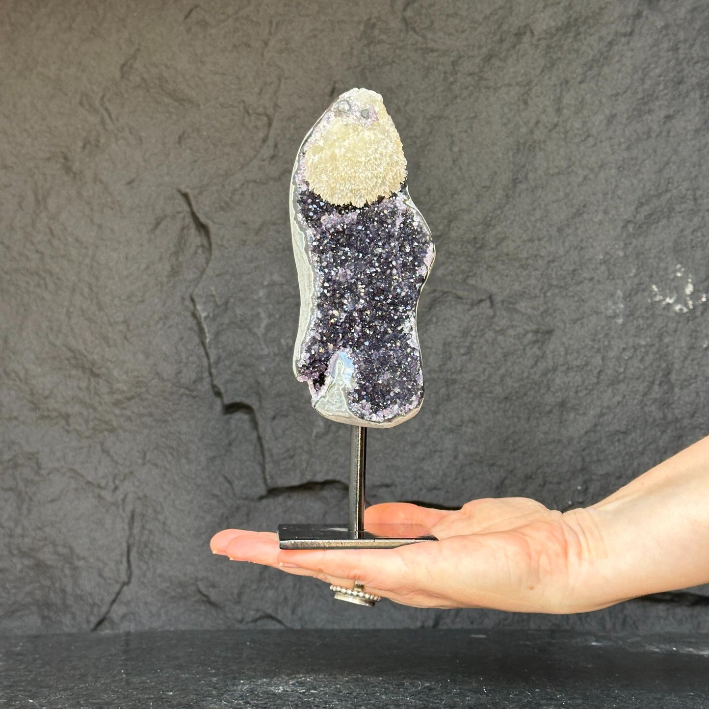 Natural Amethyst Geode, Galaxy Crystal on Metal Stand