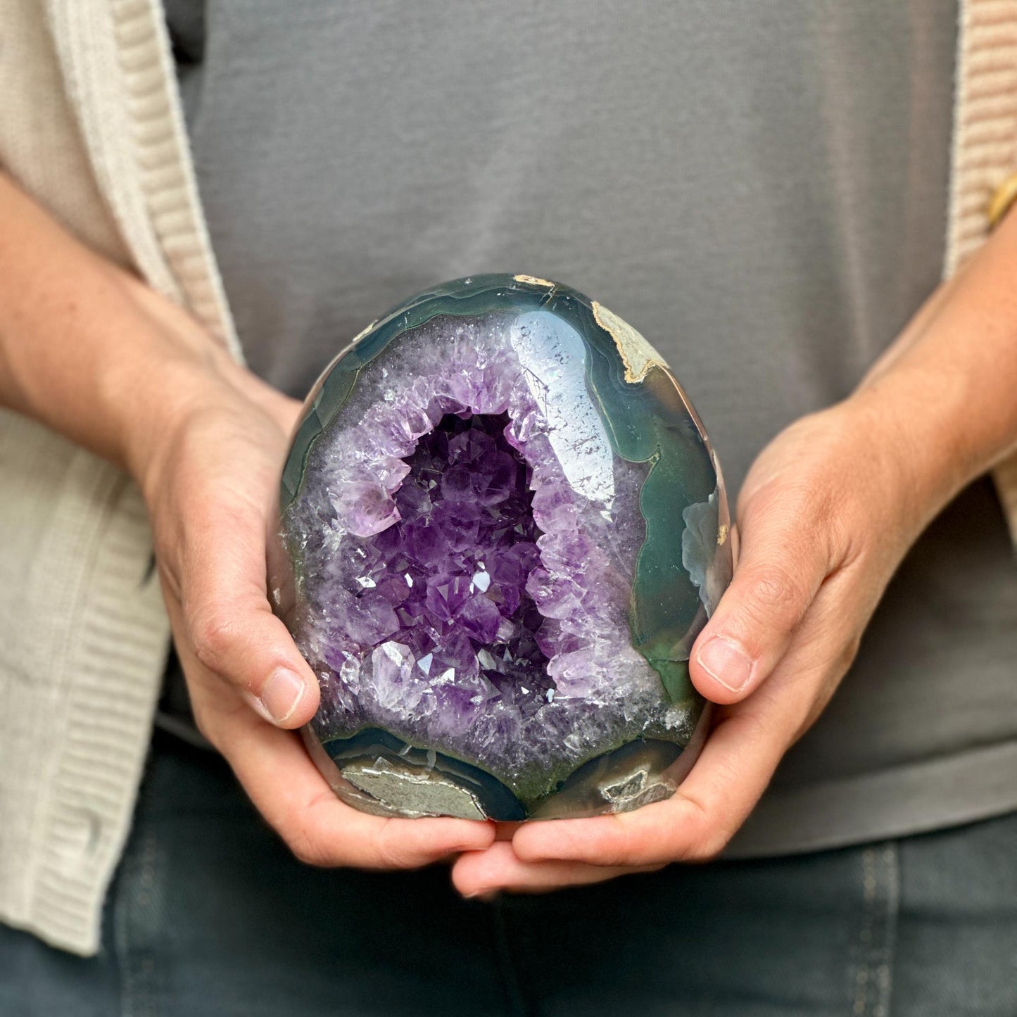 Amethyst Geode Crystal Egg with incredible Agate formations, Natural cave shaped polished agate stone