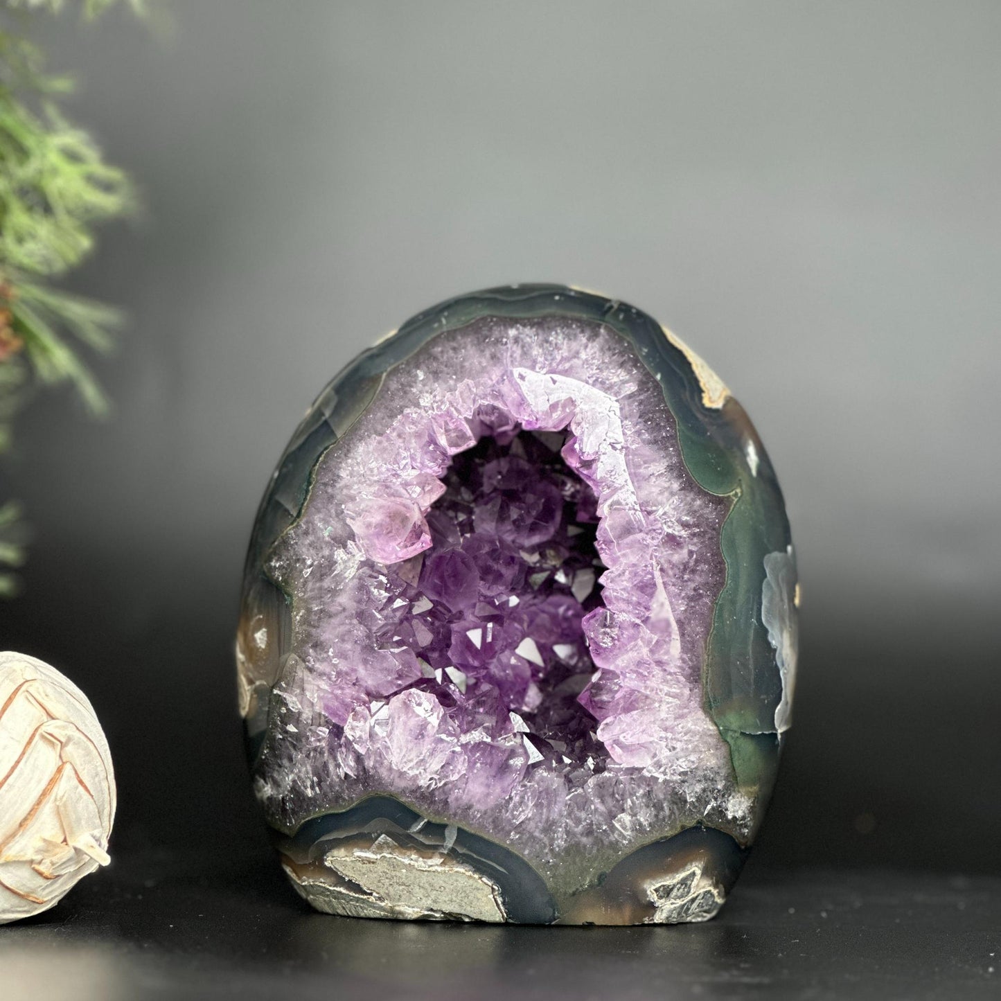 Amethyst Geode Crystal Egg with incredible Agate formations, Natural cave shaped polished agate stone