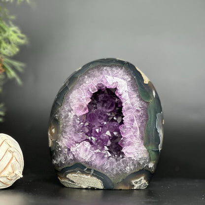 Amethyst Geode Crystal Egg with incredible Agate formations, Natural cave shaped polished agate stone