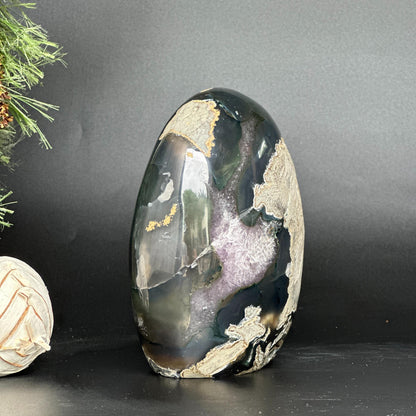 Amethyst Geode Crystal Egg with incredible Agate formations, Natural cave shaped polished agate stone