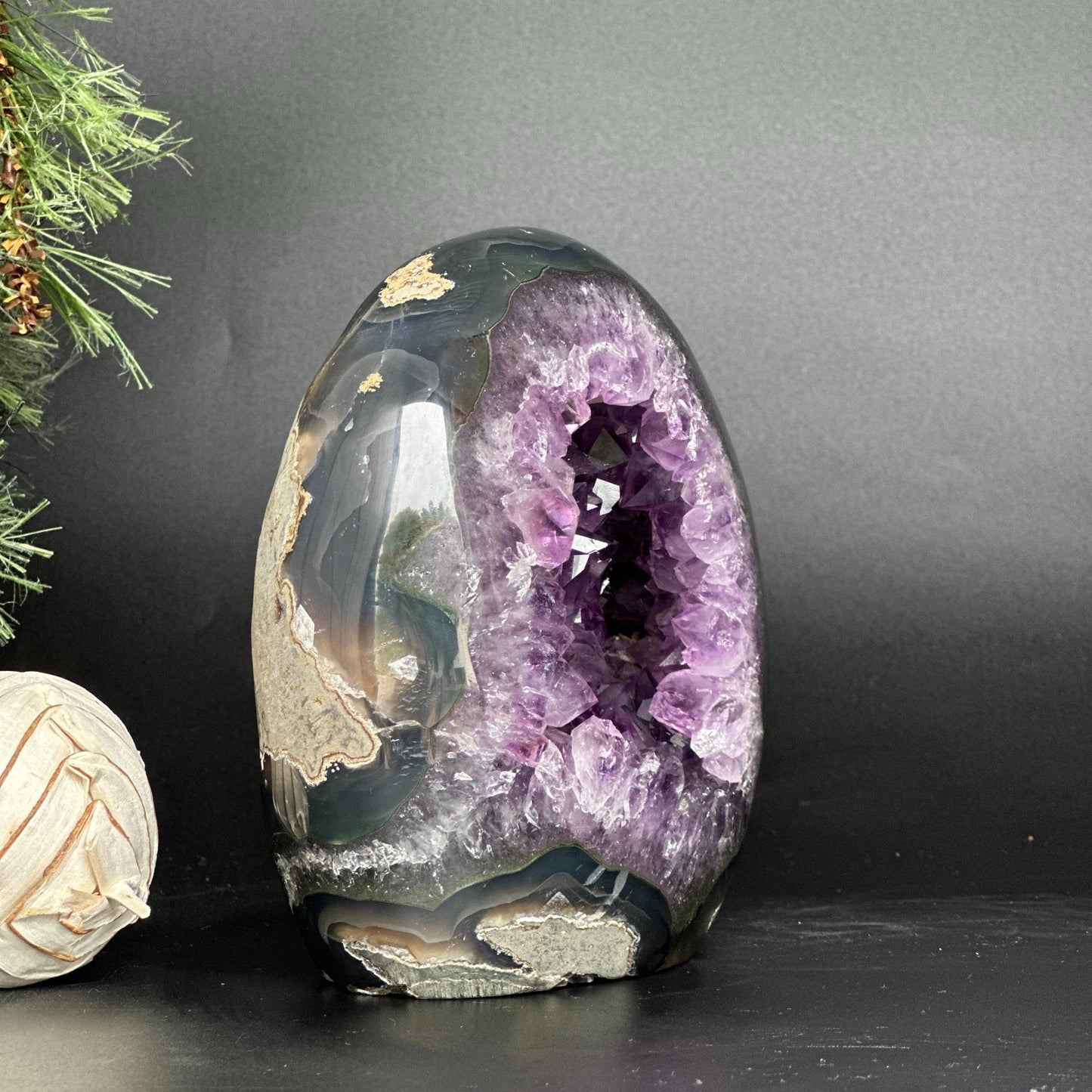 Amethyst Geode Crystal Egg with incredible Agate formations, Natural cave shaped polished agate stone
