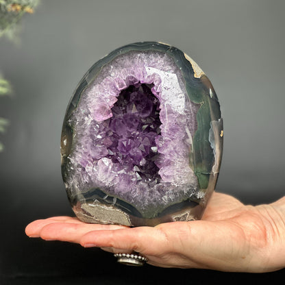Amethyst Geode Crystal Egg with incredible Agate formations, Natural cave shaped polished agate stone