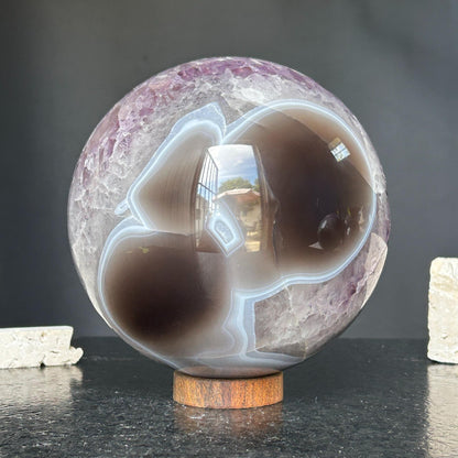 Amethyst & Agate Sphere – Open Crystal Ball with Druzy Center