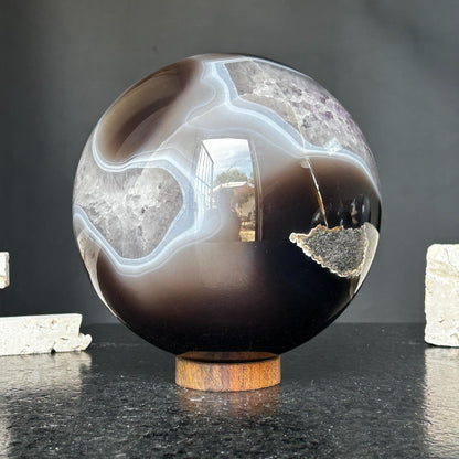 Amethyst & Agate Sphere – Open Crystal Ball with Druzy Center