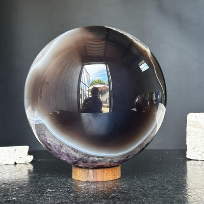 Amethyst & Agate Sphere – Open Crystal Ball with Druzy Center