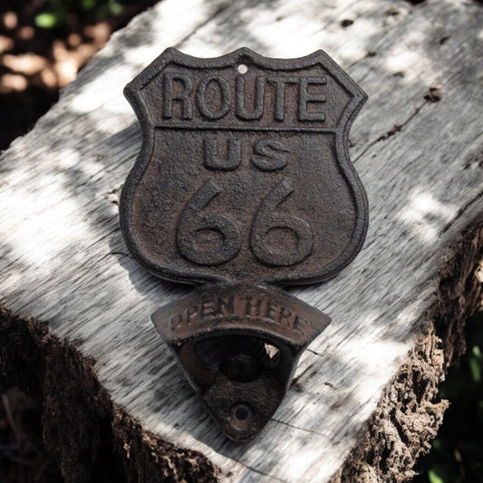 Route 66 Cast Iron Bottle Opener, Vintage Americana