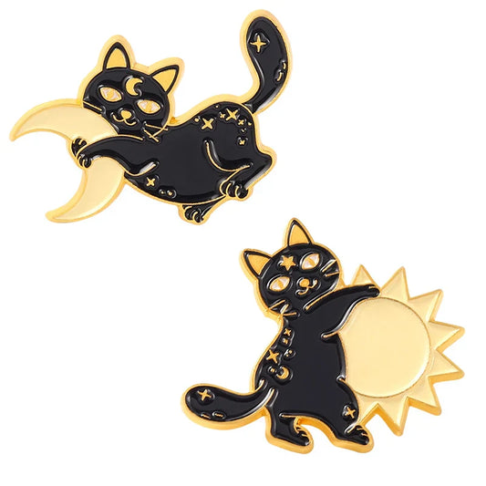 Black Cat Enamel Pins Sun Moon Brooches Cute Animal Badges Lapel Jewelry Gift
