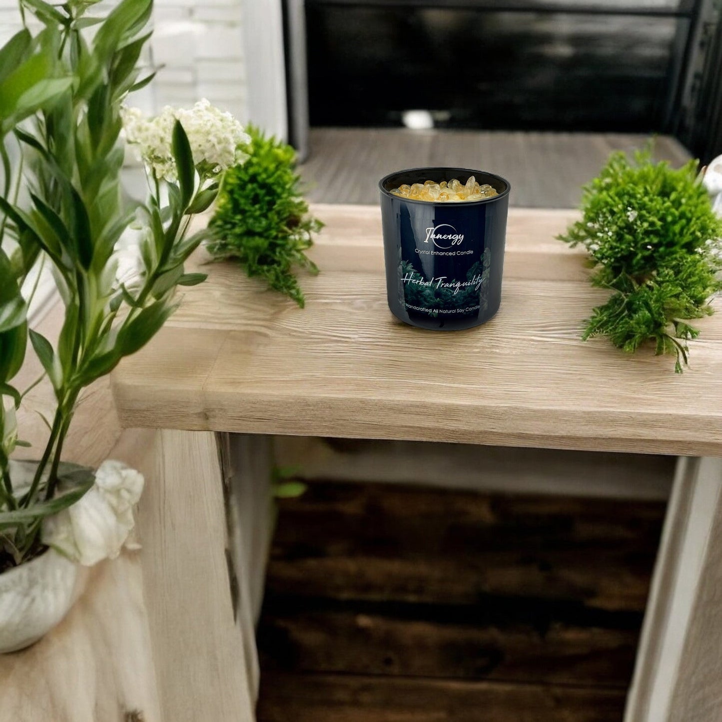 Herbal Tranquility Crystal Candle with Citrine | Coconut-Soy Wax Candle, 9oz