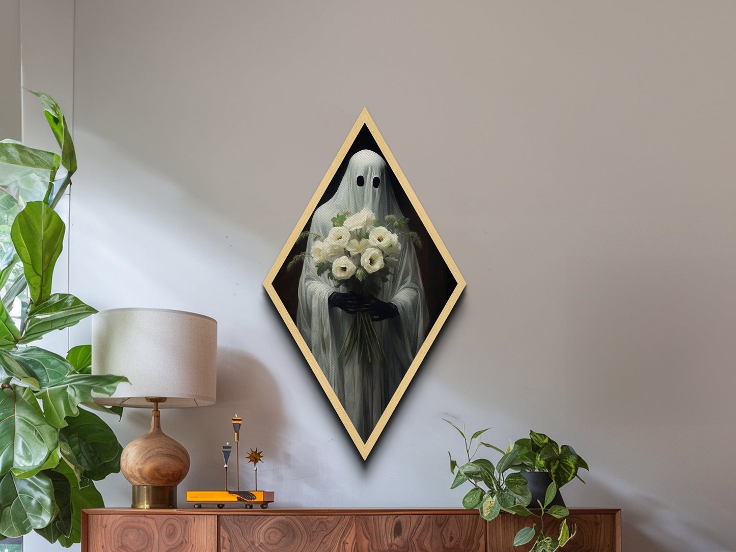"Ghost with Flowers" Diamond Shaped Wall Art