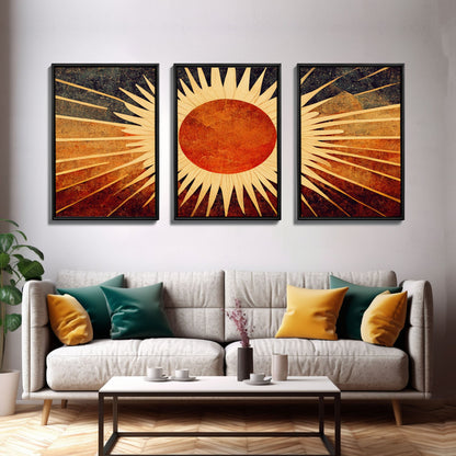 Abstract Midcentury Modern Sunburst, Art Deco Style art, sun with rays, sun burst, boho style, 3 Piece Wall Art, Ready To Hang Canvas Print