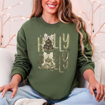 Holly Jolly, Camo Christmas Tree, Santa, Dalmatian Print, Ribbons, Bows Sweatshirt
