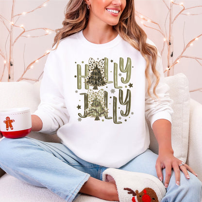 Holly Jolly, Camo Christmas Tree, Santa, Dalmatian Print, Ribbons, Bows Sweatshirt