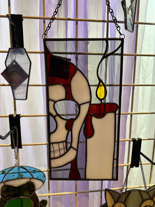 Skull with Candle Stained Glass Hang