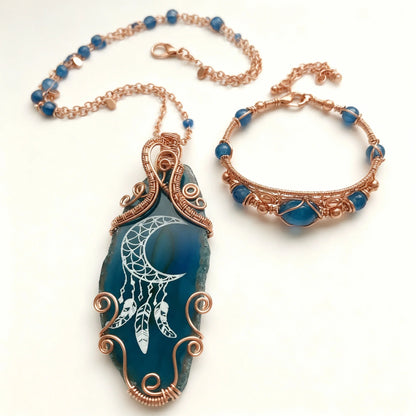 Custom wire wrapped Crescent moon, engraved agate necklace, and bracelet set
