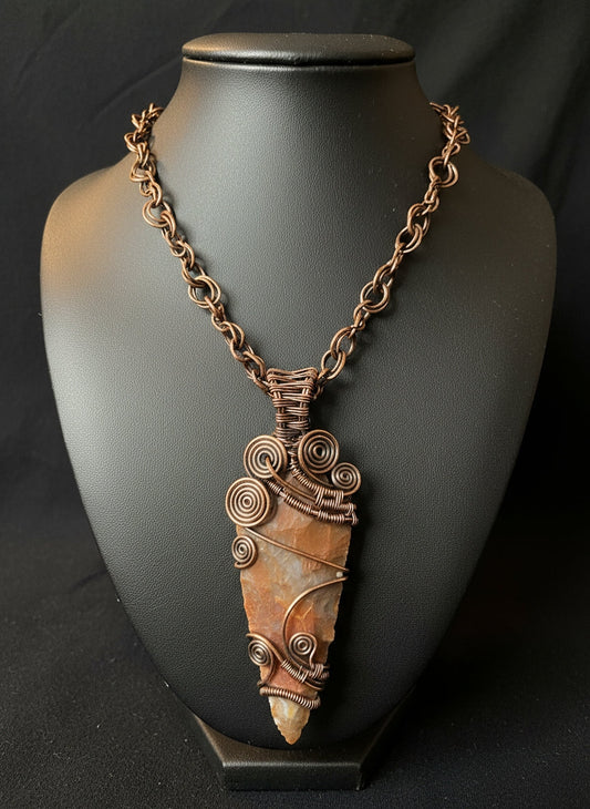 Copper Wire Wrapped Spiral Jasper Arrowhead Necklace With 2s Link Chain