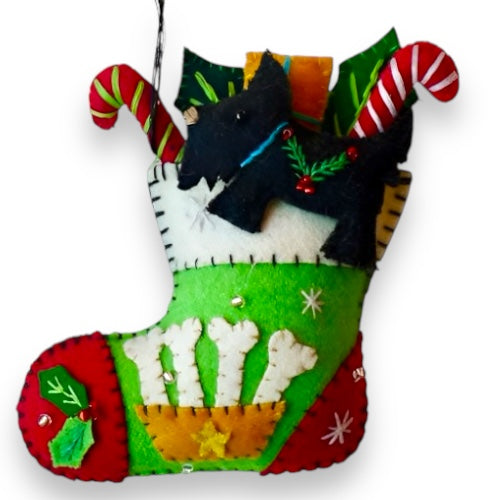 Handmade 5" Green Stocking w/ Black Dog Felted Wool Ornament