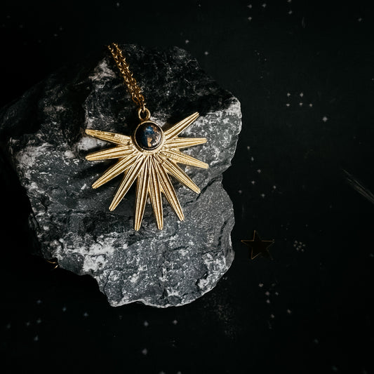 Dark Before the Dawn Sunburst Necklace with Copper Lapis Lazuli