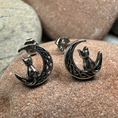 Celtic Cat & Crescent Moon Stud Earrings