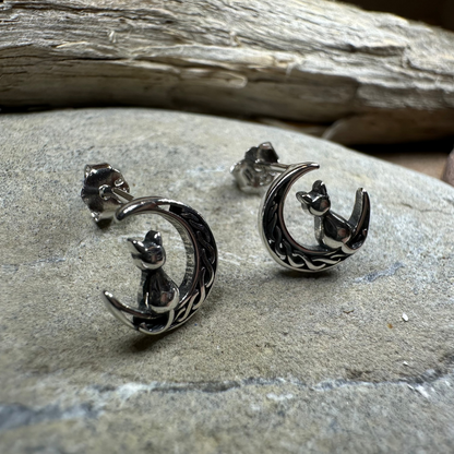 Celtic Cat & Crescent Moon Stud Earrings