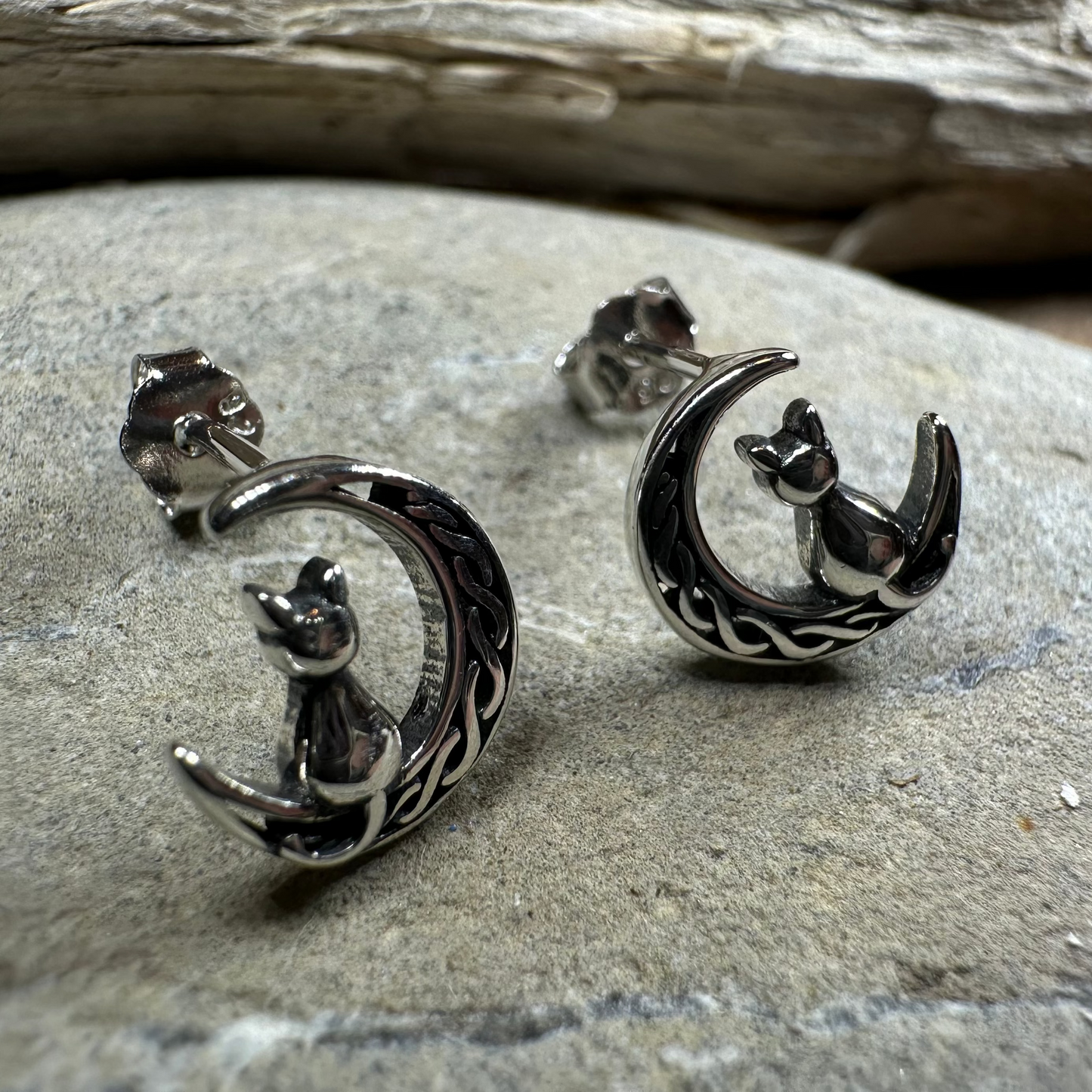 Celtic Cat & Crescent Moon Stud Earrings