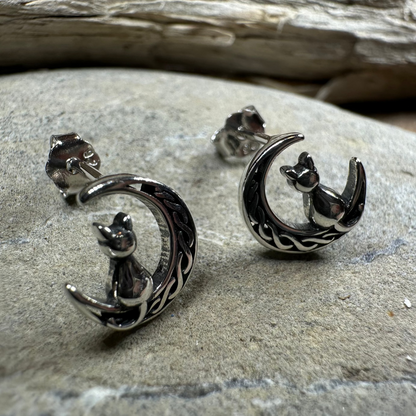 Celtic Cat & Crescent Moon Stud Earrings