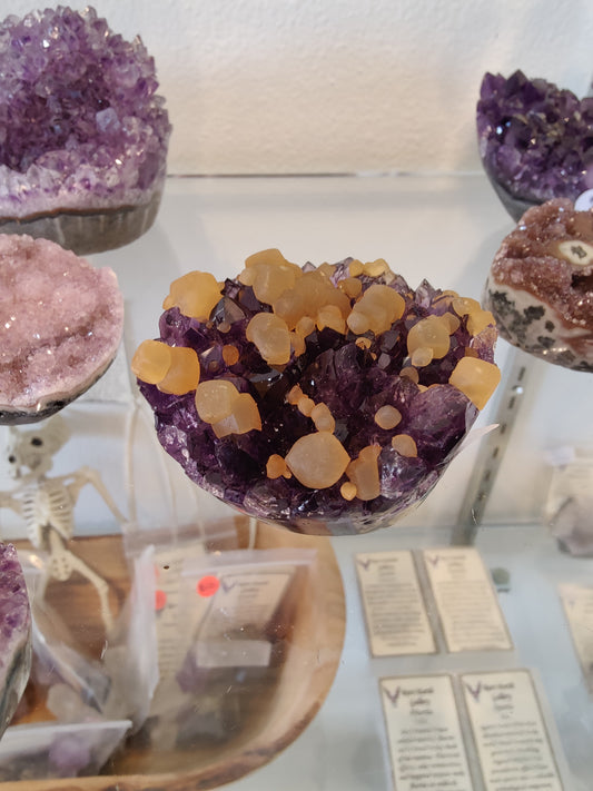 Amethyst with Golden Calcite Crystal Inclusions Geode Sculpture