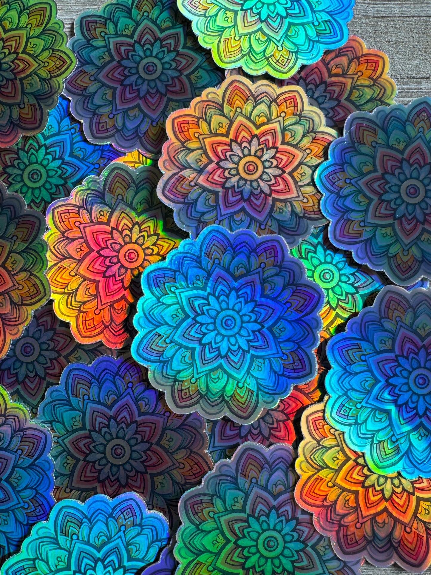 Bespattered Facade Pastel Rainbow Flower Mandala Holographic Sticker