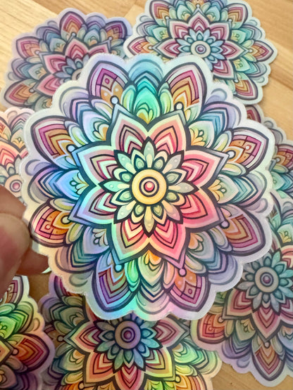 Bespattered Facade Pastel Rainbow Flower Mandala Holographic Sticker