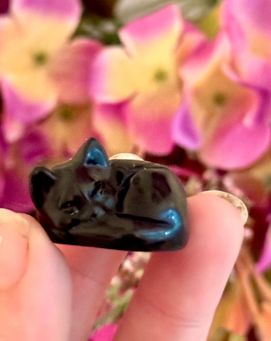 XS Black Obsidian Cat Carving