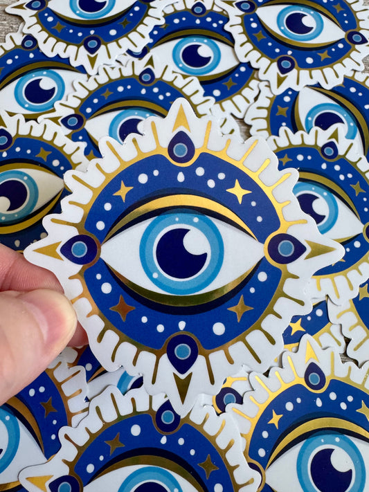 Bespattered Facade Metallic Gold and Blue Painting Evil Eye Sticker