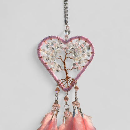 Handmade Pink Heart Shape Tree of Life Dreamcatcher with Pink Feathers - Rose Quartz Rearview Mirror Hanging or Wall Hanging