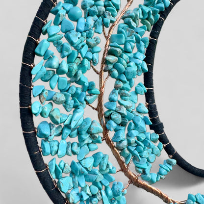 Medium Wall Hanging Crescent Moon Dream Catcher with Turquoise Stones & Hanging Stone Charm with Turquoise Black Feathers Modern Home Decor