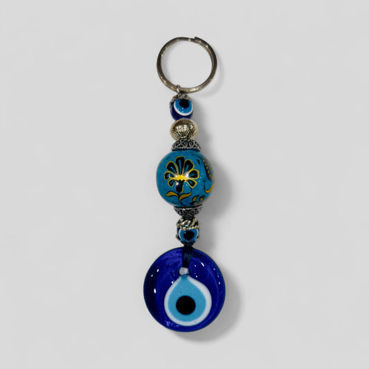Evil Eye Nazar Boncuk Mal De Ojo Keychain with Hand Painted Ceramic Ball - Teal & Gold Floral Tulips