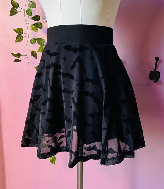 The Morbid Mini Skort - BATS - Flocked Bat Skirt with Built In Shorts - Ready to Ship