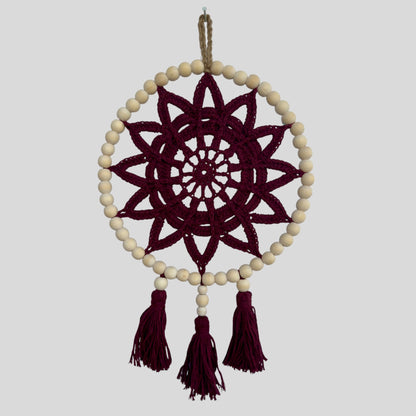 9.5" Handmade Wood Bead Frame Macrame Dreamcatcher - Nursery and Kid's Room Decor -- Burgundy