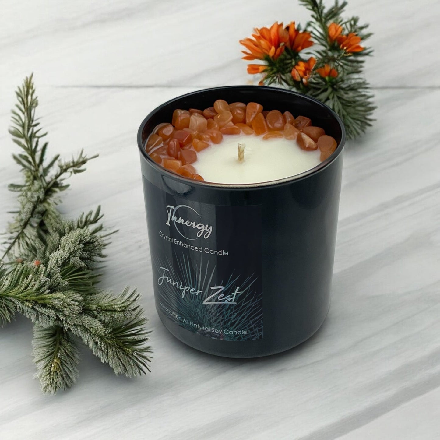 Juniper Zest Crystal Candle with Peach Aventurine | Coconut-Soy Wax Candle, 9oz