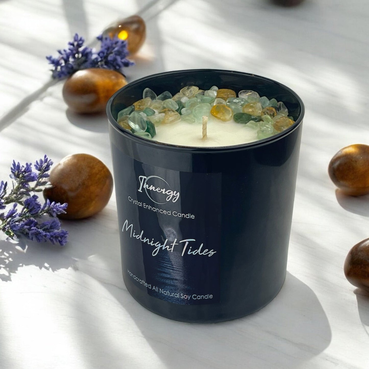 Midnight Tides Crystal Candle with Fluorite, Citrine, & Green Aventurine | Coconut-Soy Wax Candle, 9oz