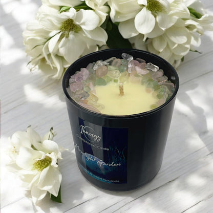 Moonlight Garden Crystal Candle with Fluorite, Rose, & Quartz | Coconut-Soy Wax Candle, 9oz