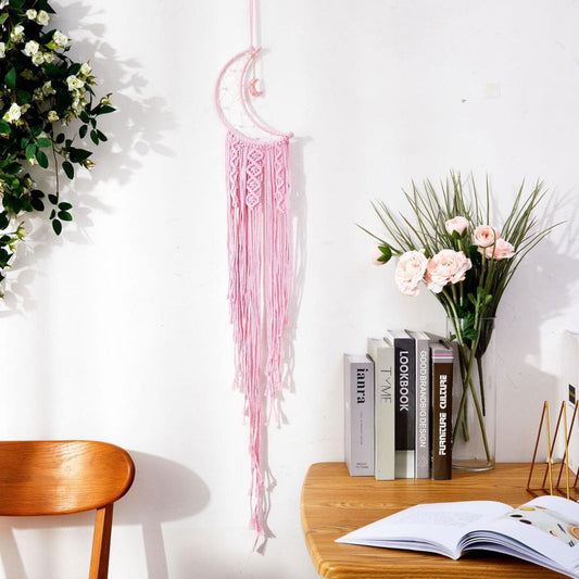 Macrame Wall Hanging Crescent Moon Dream Catcher with Moon Charm, Modern Boho Style Home Decor -- Pink
