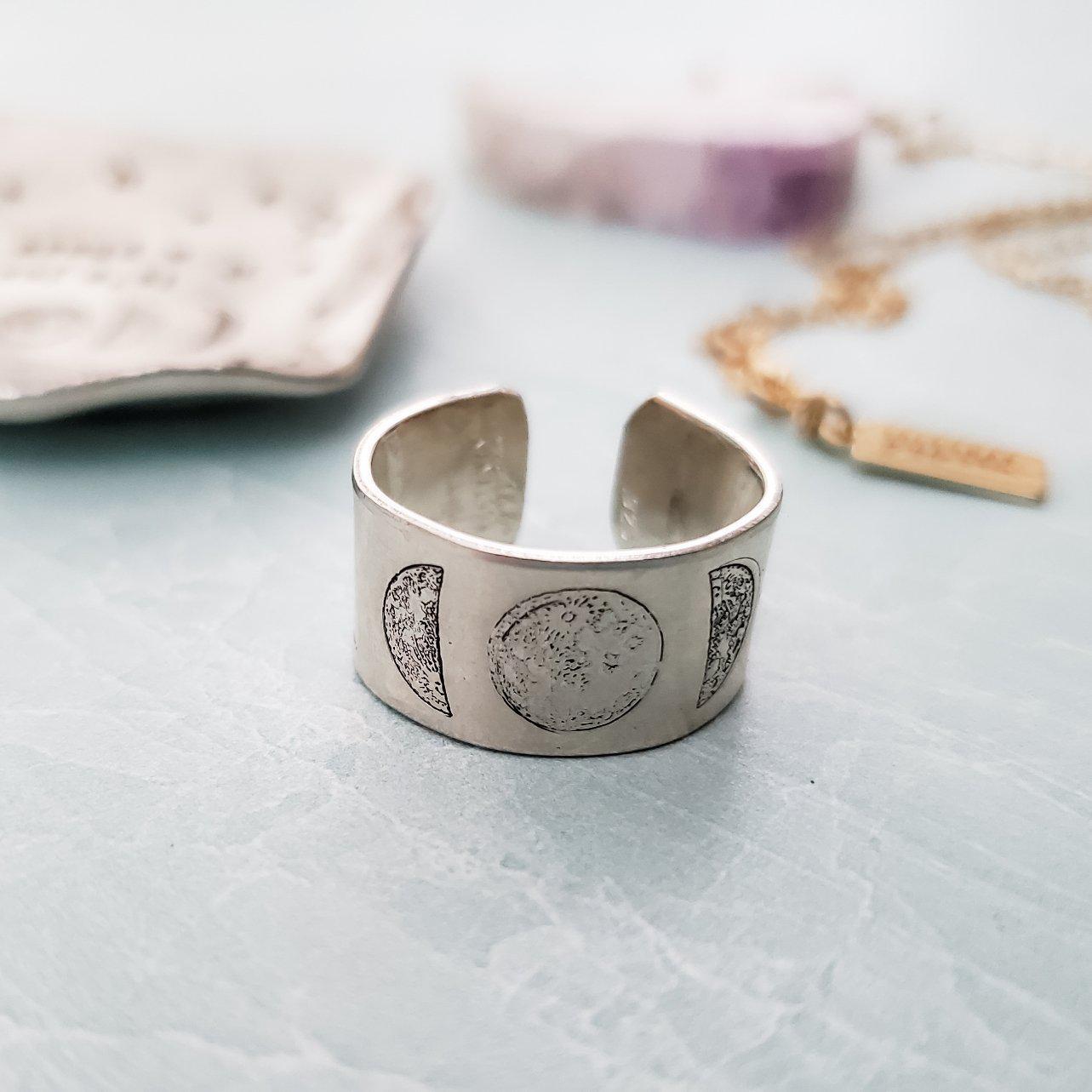 Moon Phases Celestial Silver Ring – Hand Stamped Lunar Jewelry