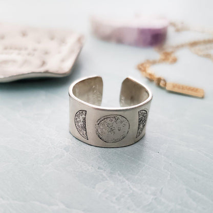 Moon Phases Celestial Silver Ring – Hand Stamped Lunar Jewelry