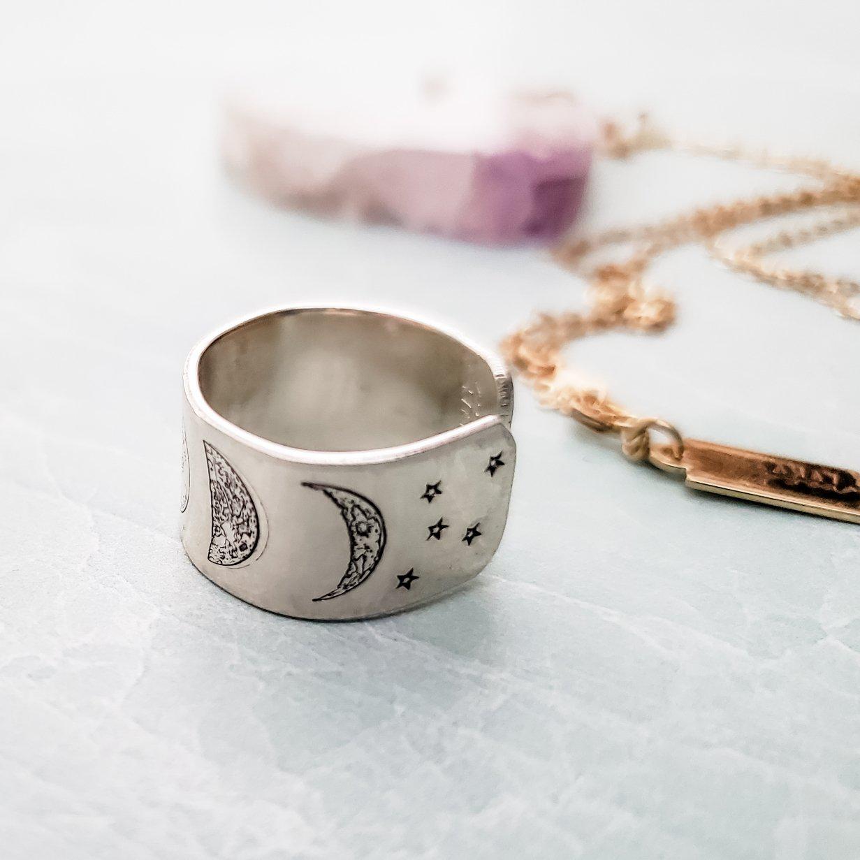 Moon Phases Celestial Silver Ring – Hand Stamped Lunar Jewelry