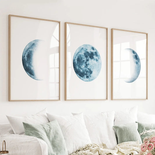 Blue Lunar Phases Wall Art Set of 3