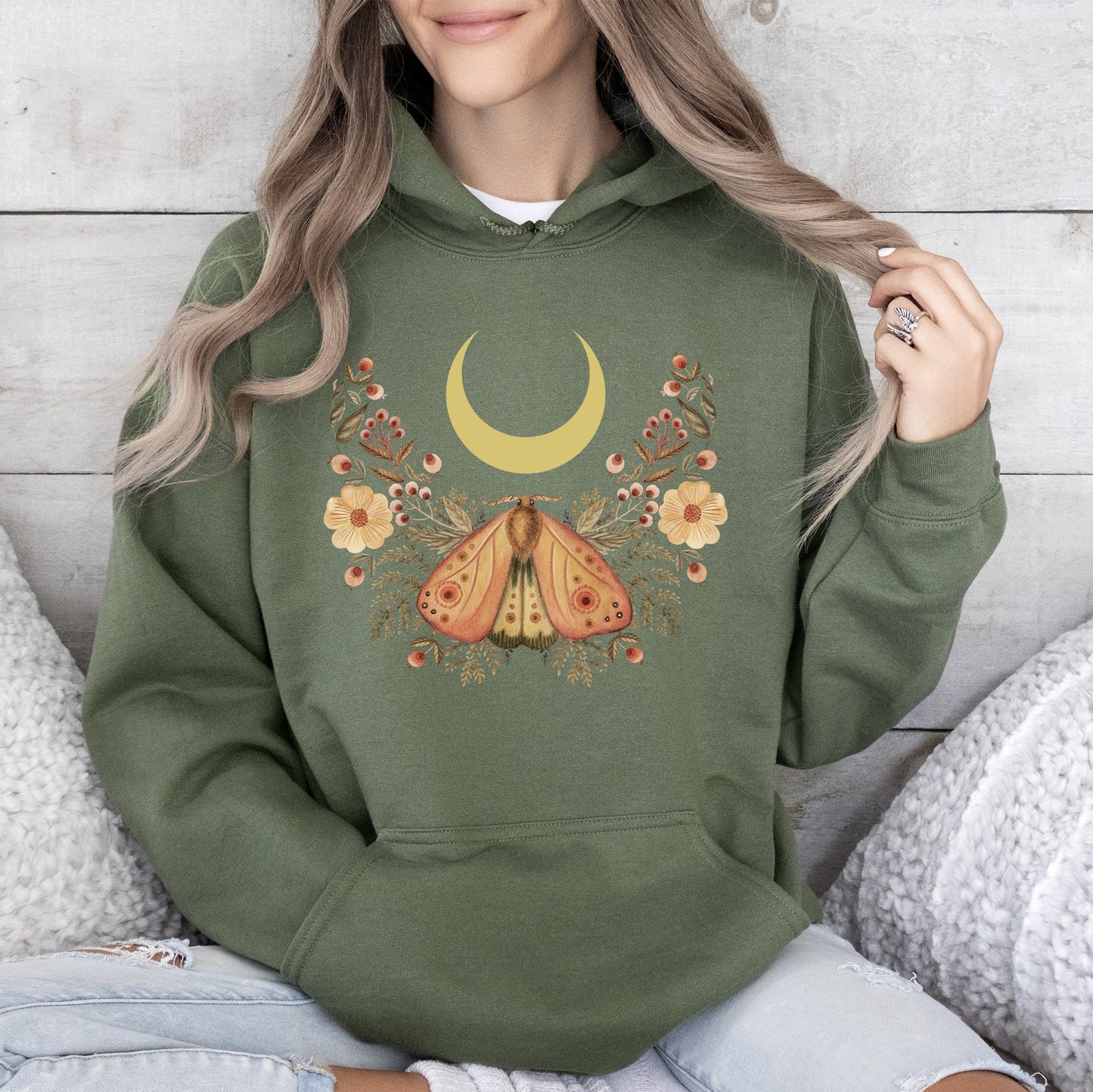 Mystical Moth and Moon, Enchanted Floral Night - Hoodie