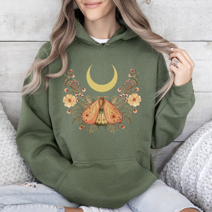 Mystical Moth and Moon, Enchanted Floral Night - Hoodie