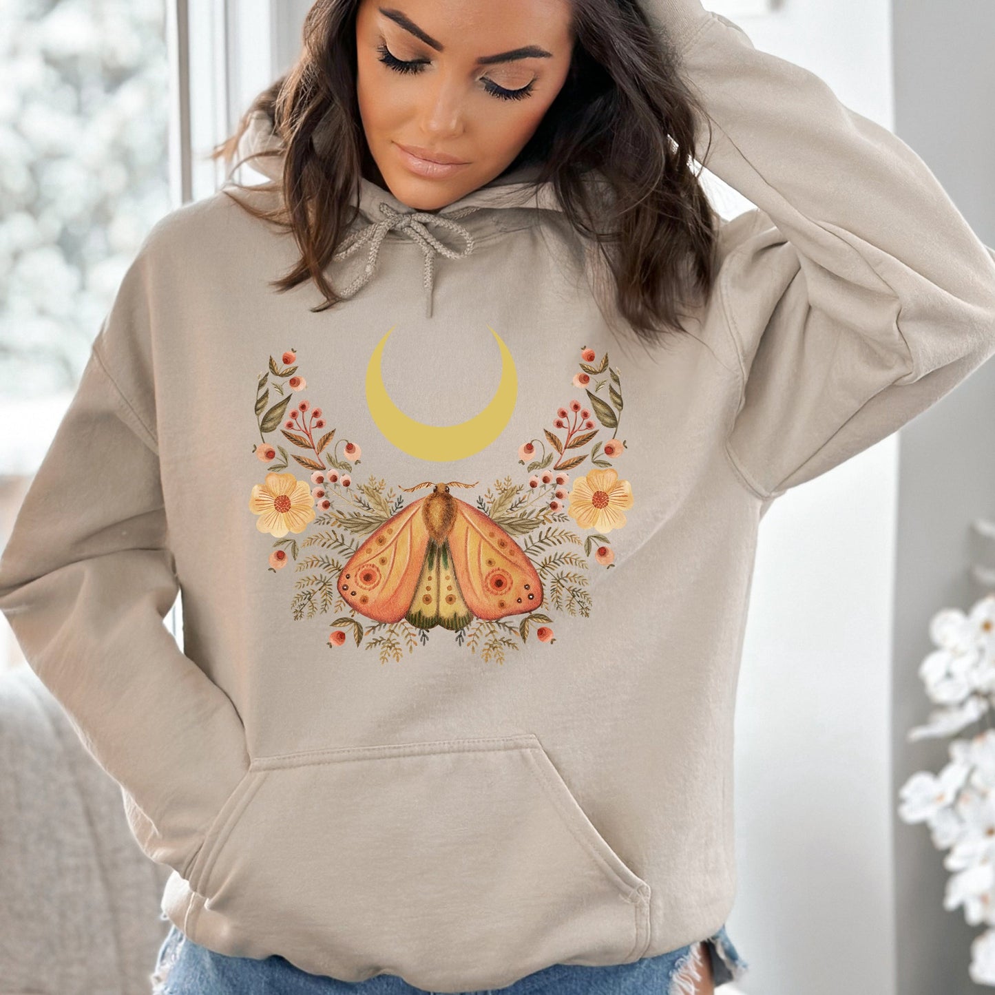Mystical Moth and Moon, Enchanted Floral Night - Hoodie