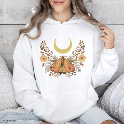 Mystical Moth and Moon, Enchanted Floral Night - Hoodie