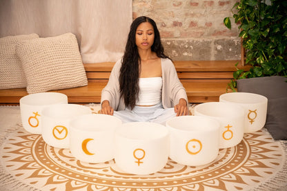 7 Planetary Crystal Singing Bowls – Cosmic Chakra Set | 12" White Frosted Quartz